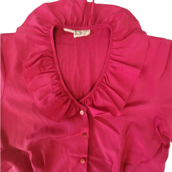 Vintage Anne Klein Hot Pink Ruffle Collar Short Sleeve Button Down Blouse Top - Picture 6 of 13